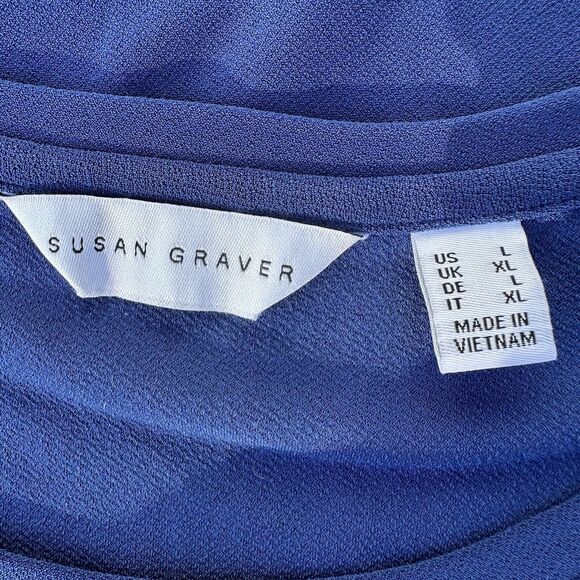 Susan Graver Liquid Knit Top Size L Blue Off White Contrast Cuff Flowy Stretch - Picture 5 of 13